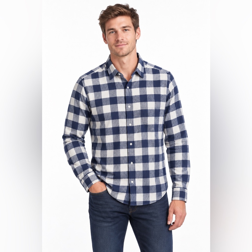 UNTUCKit Men’s Medium Slim Fit Navy White Buffalo Plaid Flannel Shirt Cotton